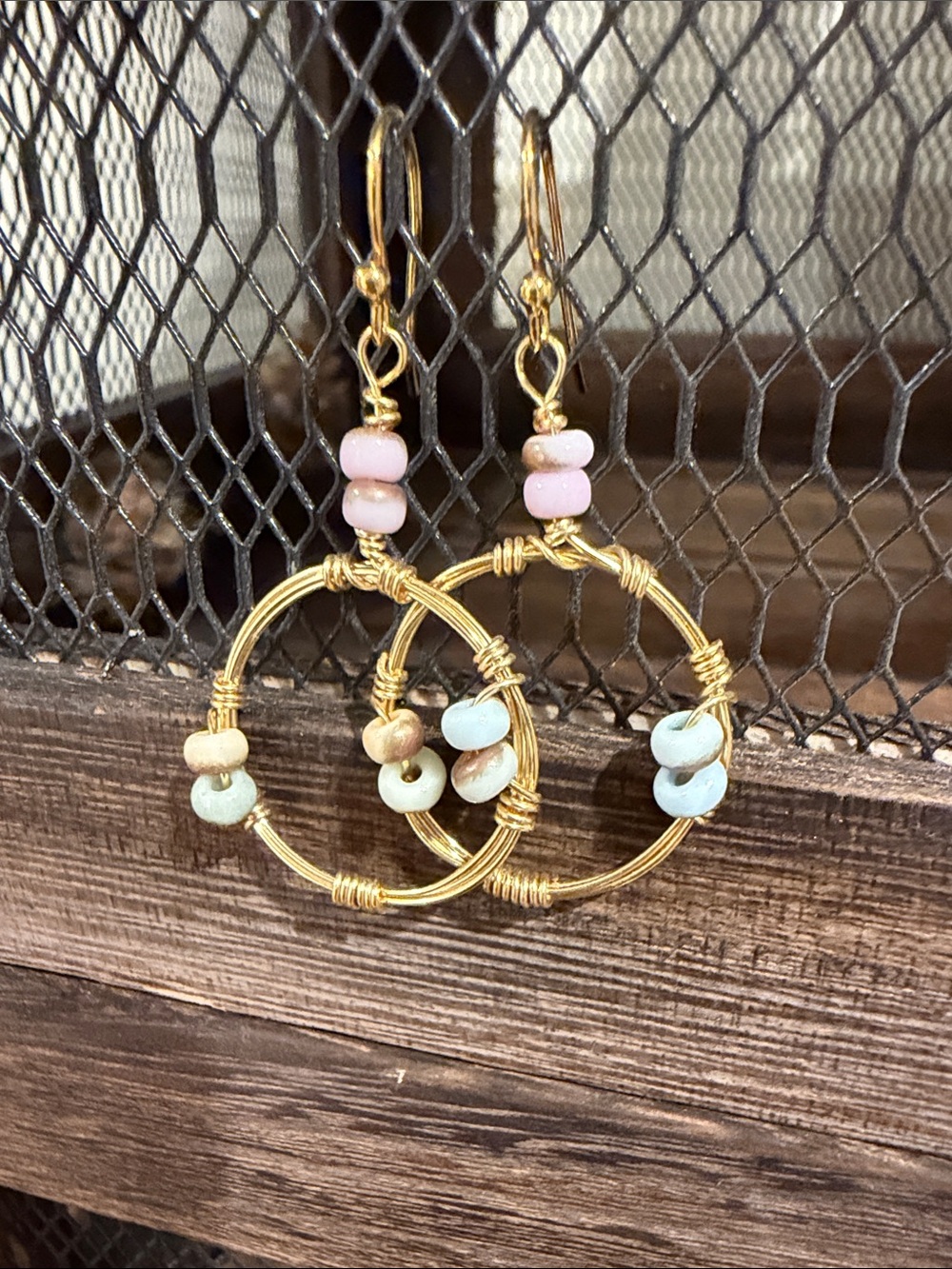 Handcrafted Gold Wire Hoop Earrings with Pastel Beads